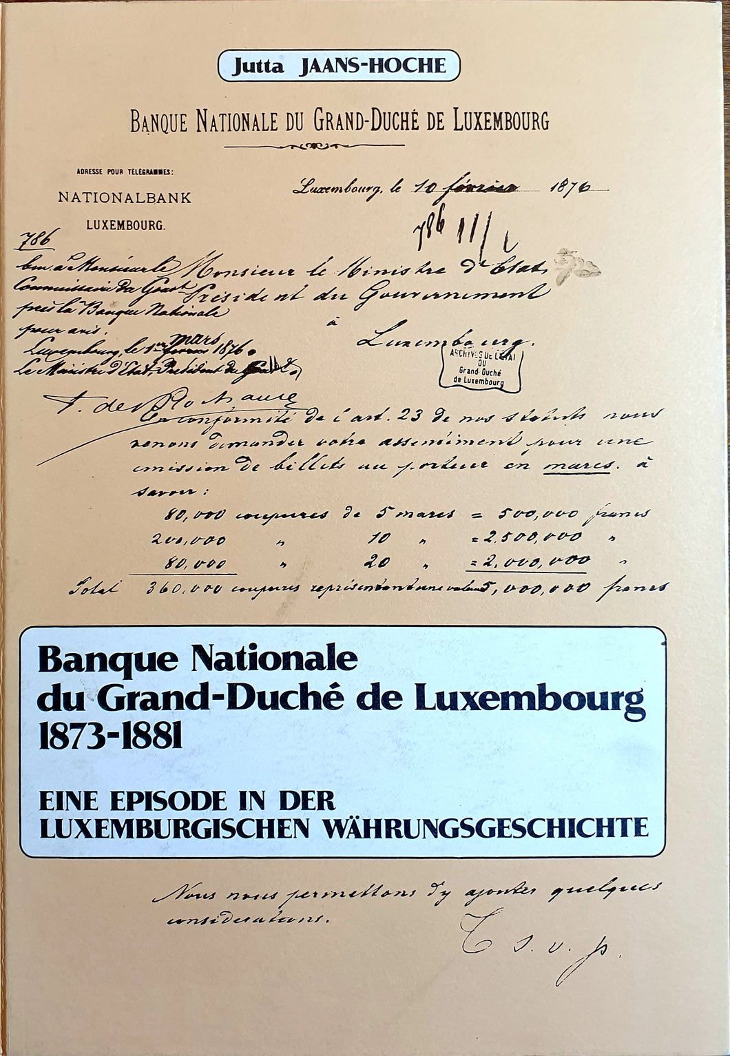 Banque Nationale du Grand-Duché de Luxembourg 1873-1881